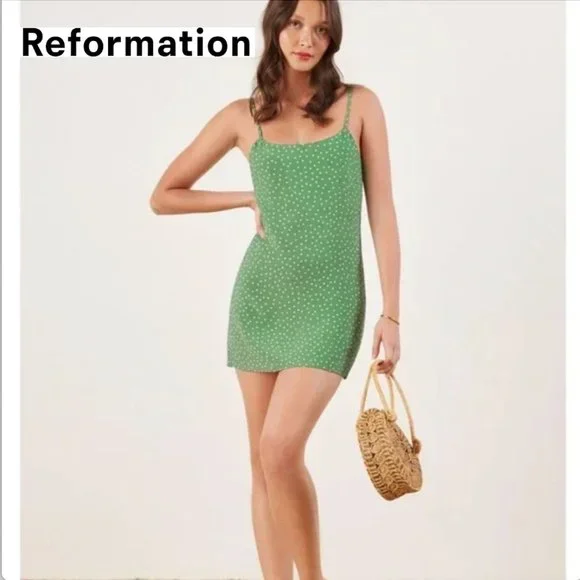 Reformation | Dresses | Reformation Polka Dot Mini Slip Dress Green White  Size 2 | Poshmark